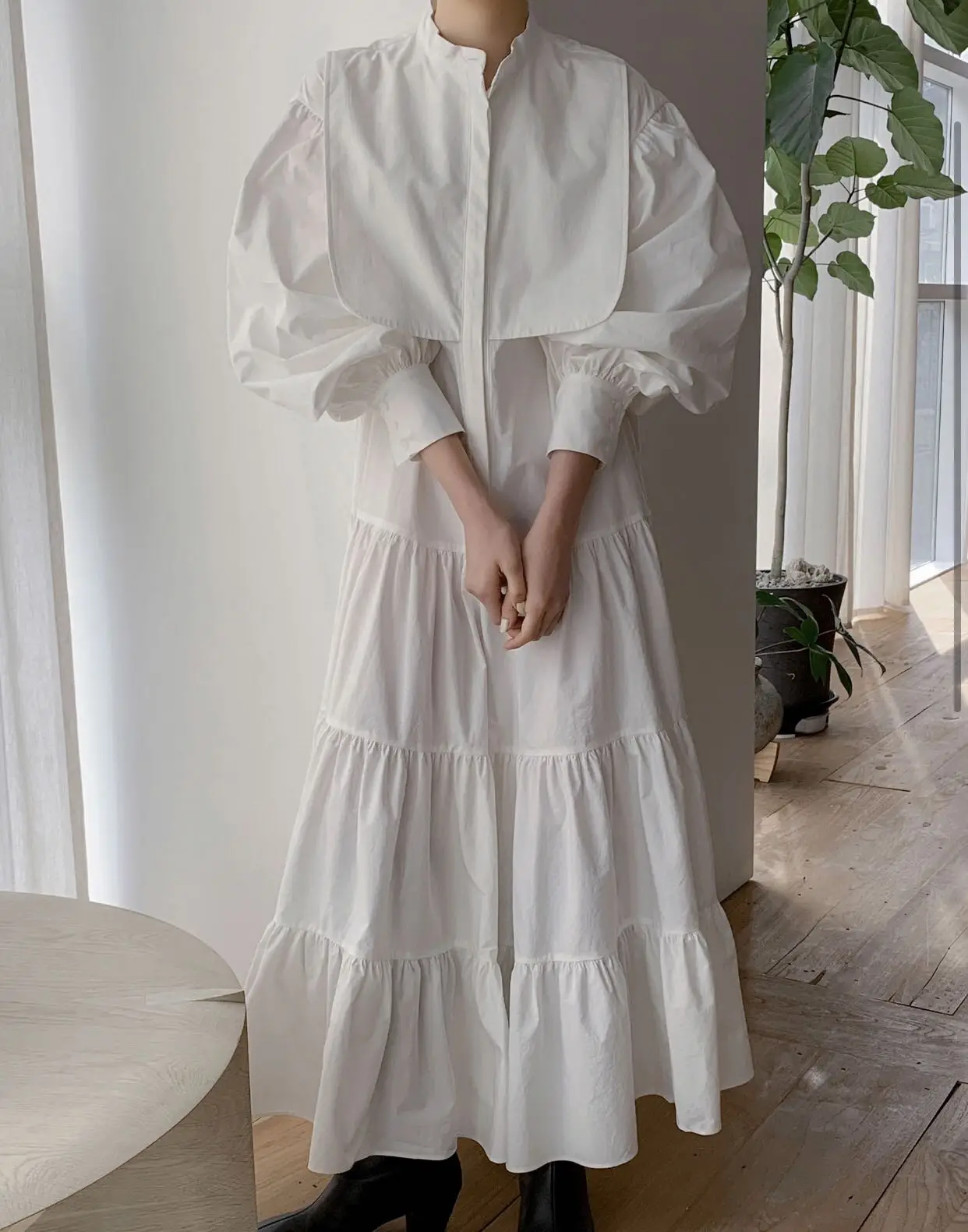 REALEFT New 2024 Vintage White Women\'s Long Dresses Spring Long Puff Sleeve Stand Collar Korean Casual Female Dresses