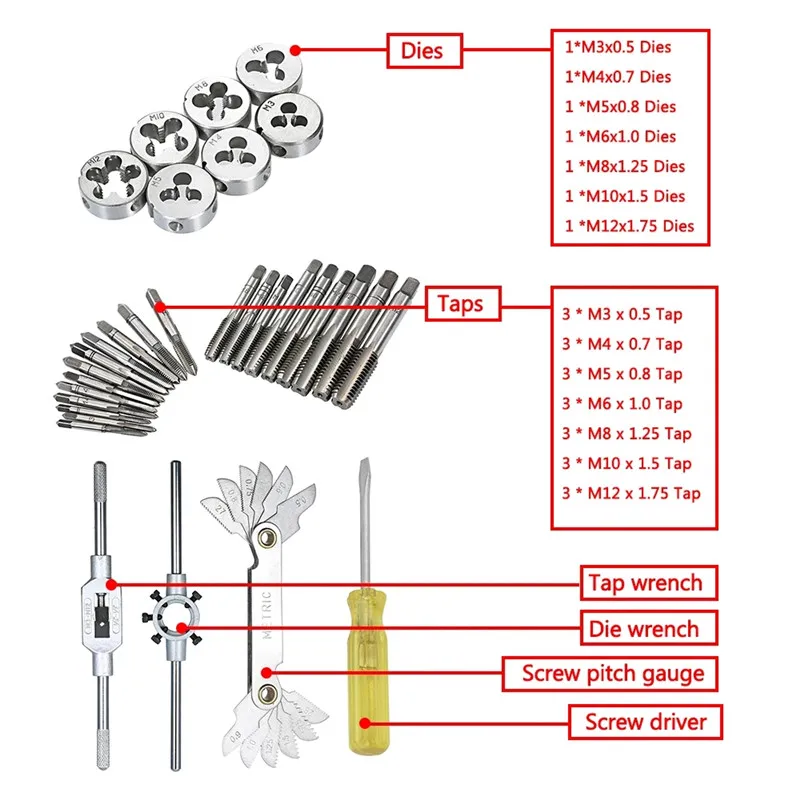 Imagem -04 - Manual Interno e Externo Rosca Tapping Tap Die Grupo Thread Repair Drilling Combinação de Ferramentas M3-m12 12 Pcs 20 Pcs 40 Pcs