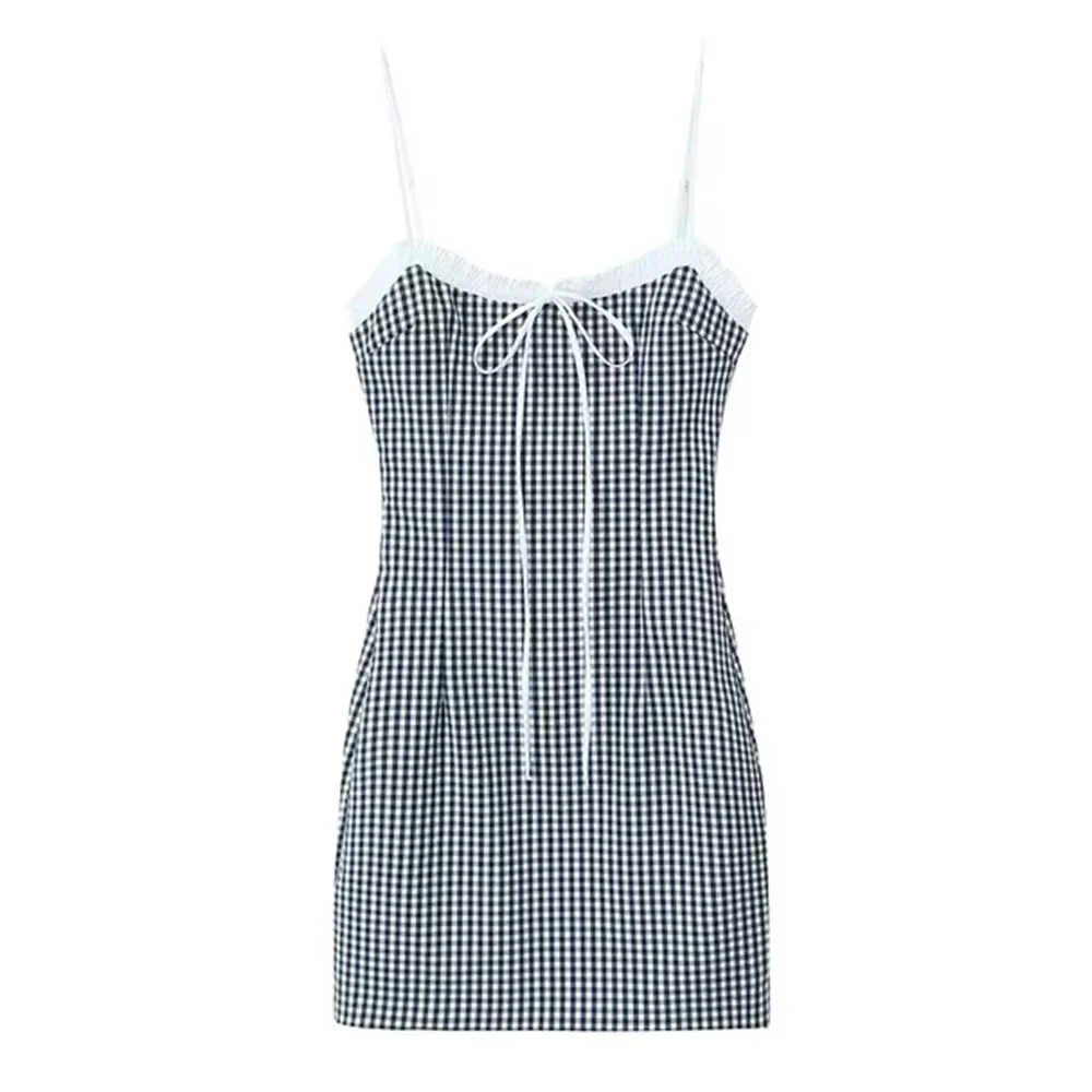Abiti Primavera Estate Coreano Carino Plaid Con lacci Senza maniche Collo quadrato Mini Cami Abiti quotidiani per le donne