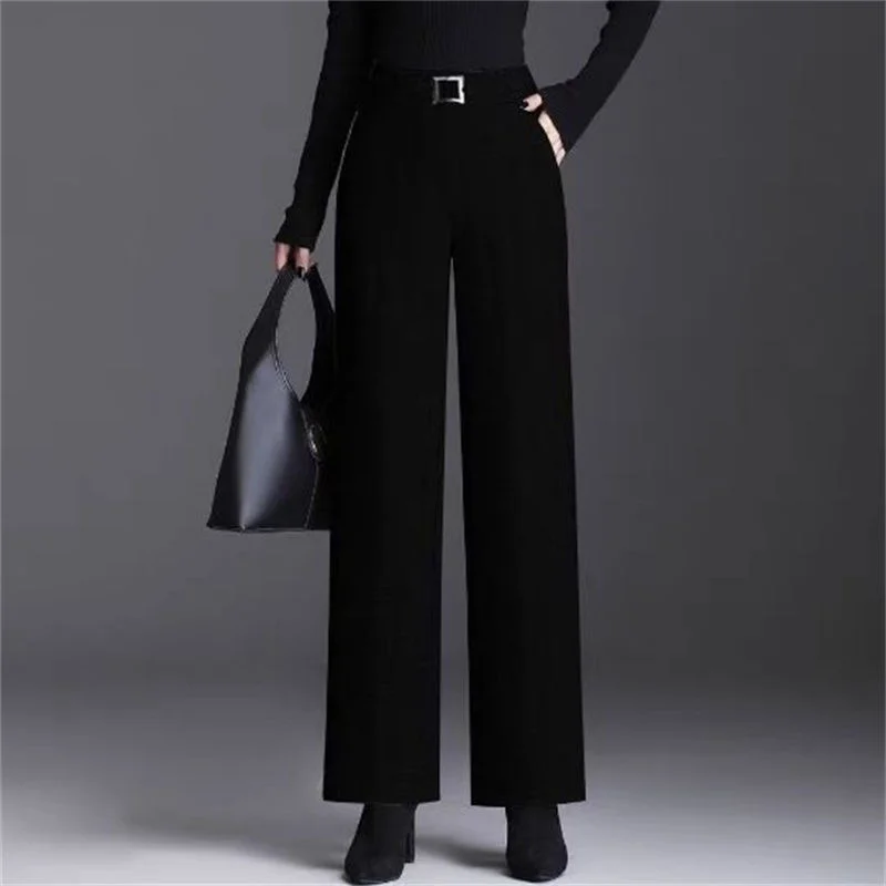 Zimowe Nowe Damskie Grube Wełniane Spodnie z Szerokimi Nogawkami, Wysoki Stan, Luźny Krój, Wyszczuplające, Uniwersalne, z Efektem Drapowania, w Jodełkę, Casualowe, Proste Spodnie