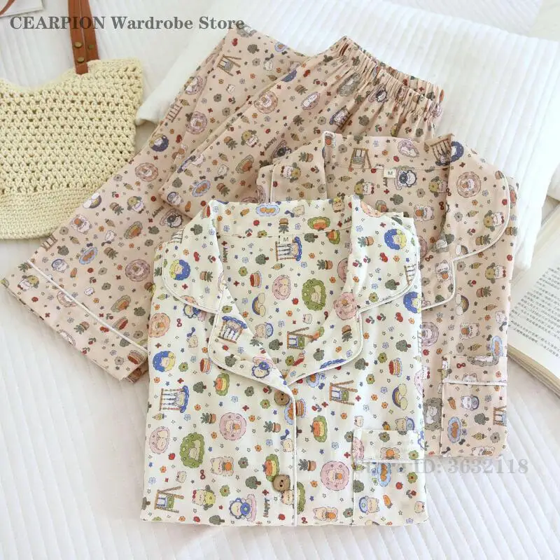 

Cartoon Cotton Pajamas Set 2026 Spring Autumn New Sleepwear Loose Lapel Collar Shirt Pants Pijamas Suit Home Clothes Loungewear