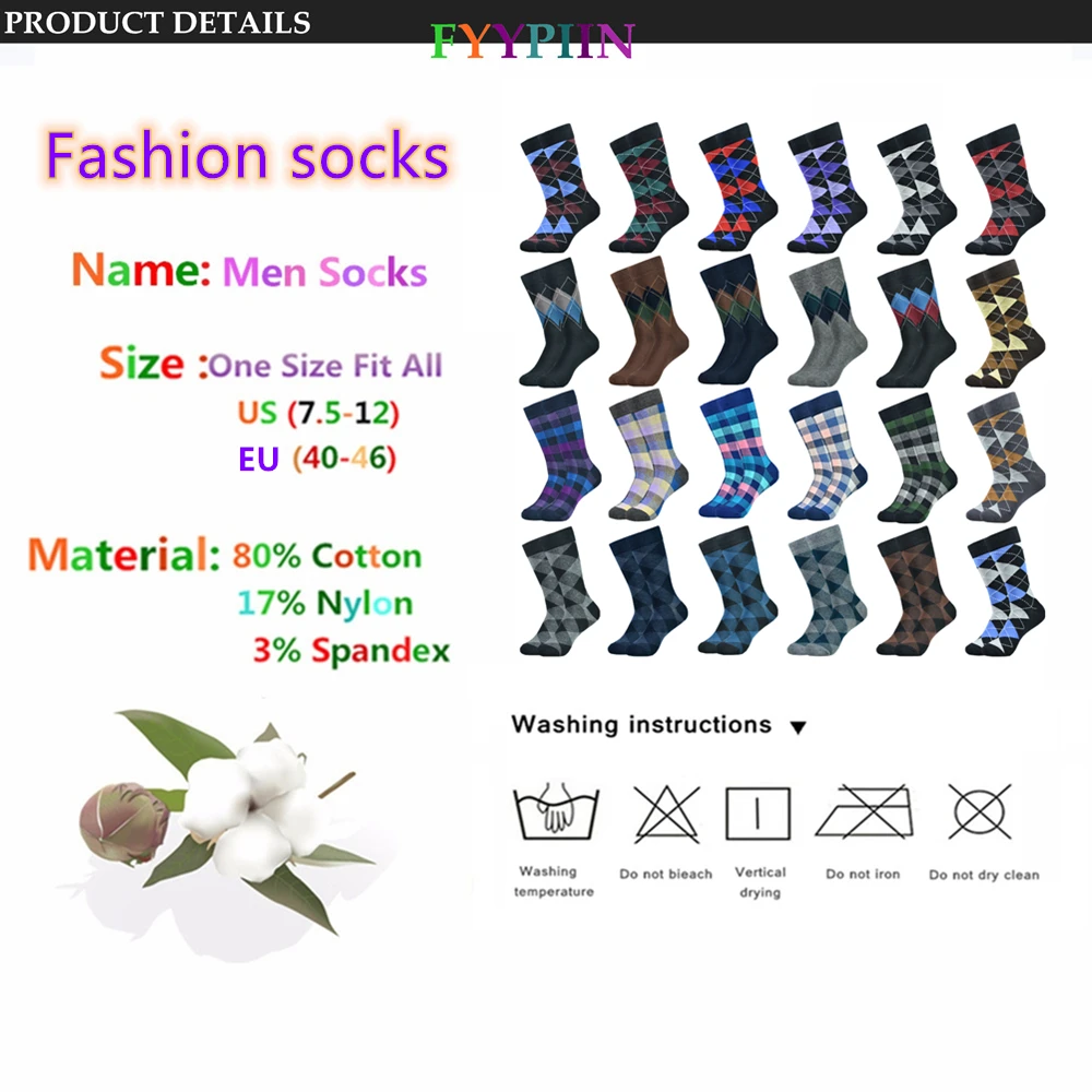 5pairs Mens Cotton Dress Black Argyle Pattern Crew Funny Socks for Men Gifts