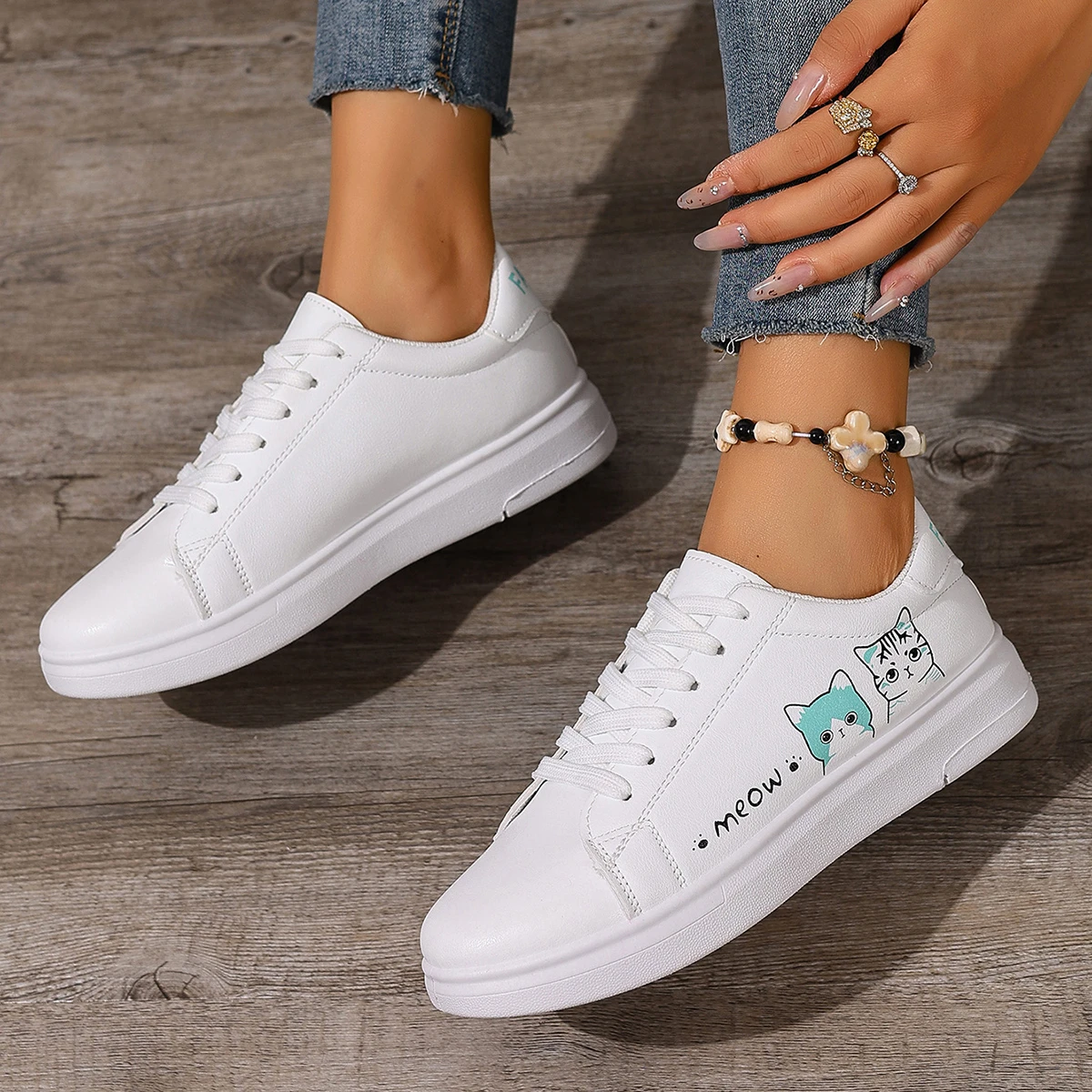 Women Sneakers Fashion Breathble Vulcanized Shoes Fashion Cute Cat Cartoon Lace Up Casual White Women‘s Shoes - view 4