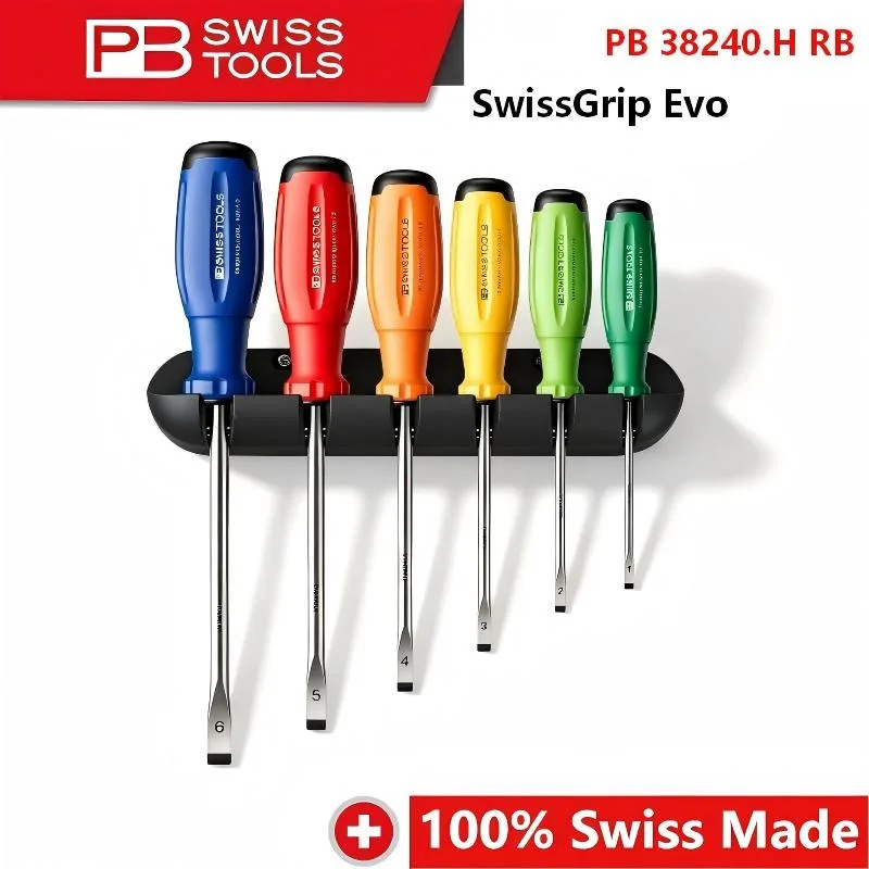 PB Swiss Tools PB 38240.H RB Rainbow 6PCS Slotted Screwdriver SwissGrip Evo Color Coded Wall Mount Holder Workshop Repair