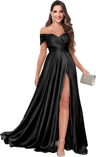 Vestidos de dama de honor de satén con hombros descubiertos, vestido formal de fiesta con volantes y abertura, vestido de noche largo de lujo para fiesta de graduación