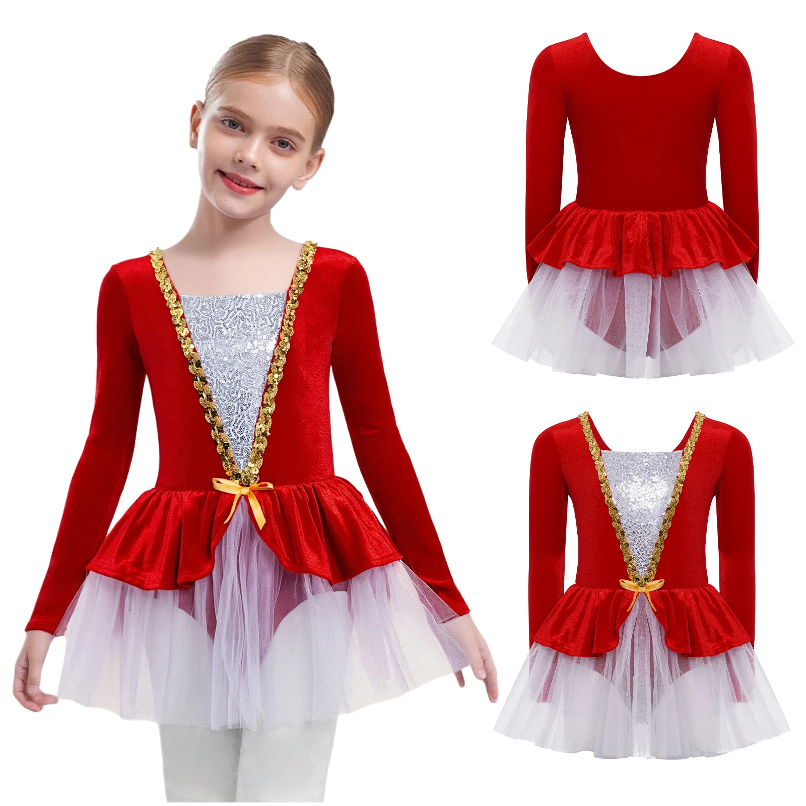 

Elegant Girls Velvet Mesh Tutu Dress For Ballet Ballroom Dance Performance Costume Long Sleeves Rhythmic Ballet Waltz Dancewear