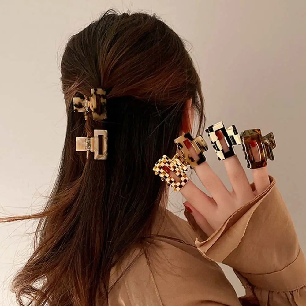 Vintage Square Acetate Hair Claw Clips For Women Girls Lattice Leopard Pattern Small Hair Crab Female Hair Accessories