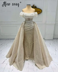 Luxury Champagne Beaded Evening Dress For Wedding Party With Detachable Train Off Shoulder Arabic Formal Occasion Dresses Custom