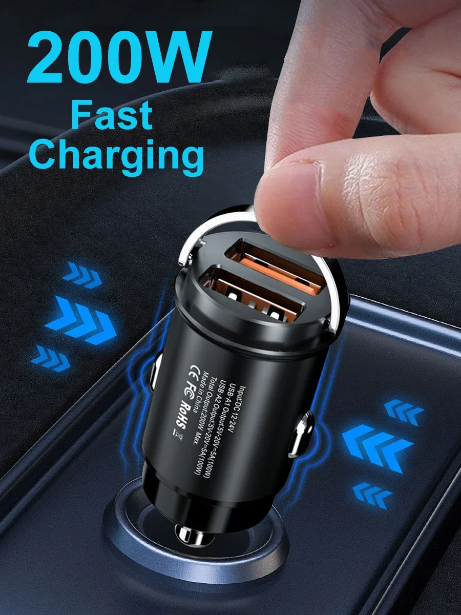 Mini ładowarka samochodowa 200W PD QC z pierścieniem do szybkiego ładowania, adapter USB C do ładowania telefonów w samochodzie, kompatybilny z iPhone 13 12, Xiaomi, Samsung, Huawei — 2