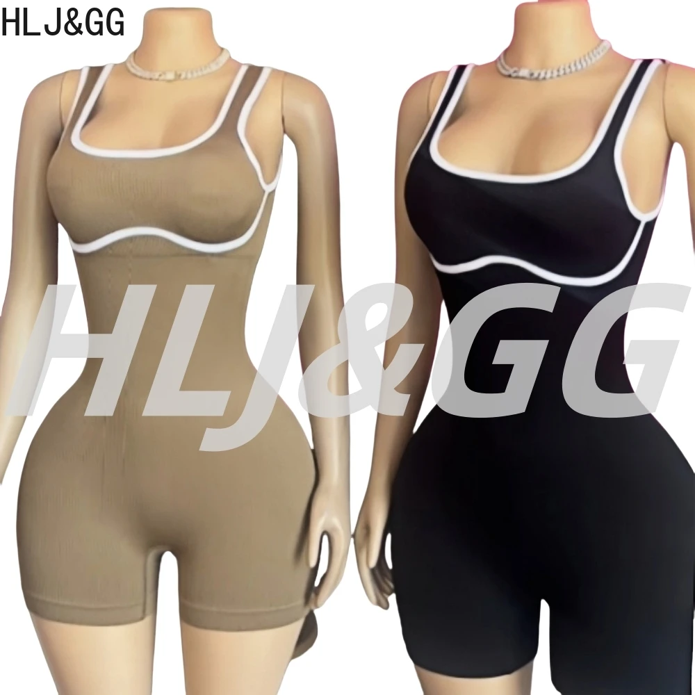 HLJ&GG Fashion Stitching Solid Bodycon One Piece Rompers Women V Neck Spaghetti Strap Slim Sporty Jumsuit Female Jogger Overalls