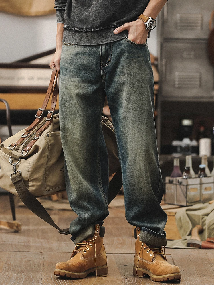 

Jir Men's Straight Leg Jeans Casual Loose Wide Leg Pants Vintage Waed High Waist Cotton Denim Youthful Trendy Wear Resis...