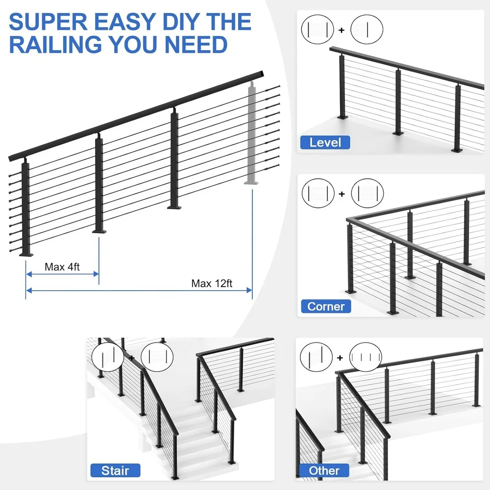 Stainless Steel Adjustable Stair Cable Railing Post Kit 35 inch Includes 3 Posts Black Cable Fittings Washers Grommets DIY