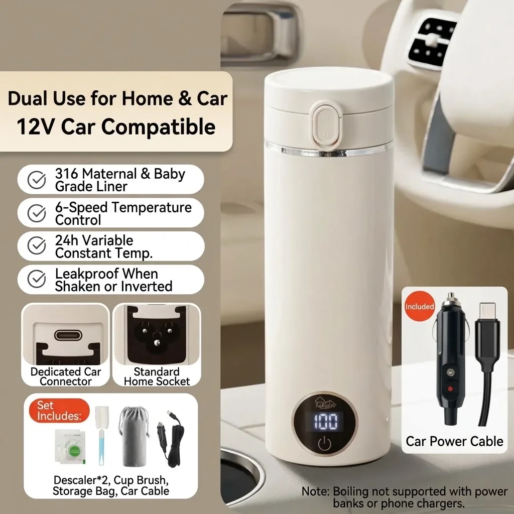500Ml Mini Portable Travel Kettle, USB-C Electric Water Heater, 300W Fast Heating, 37‑100°C Temperature Control EU Pl