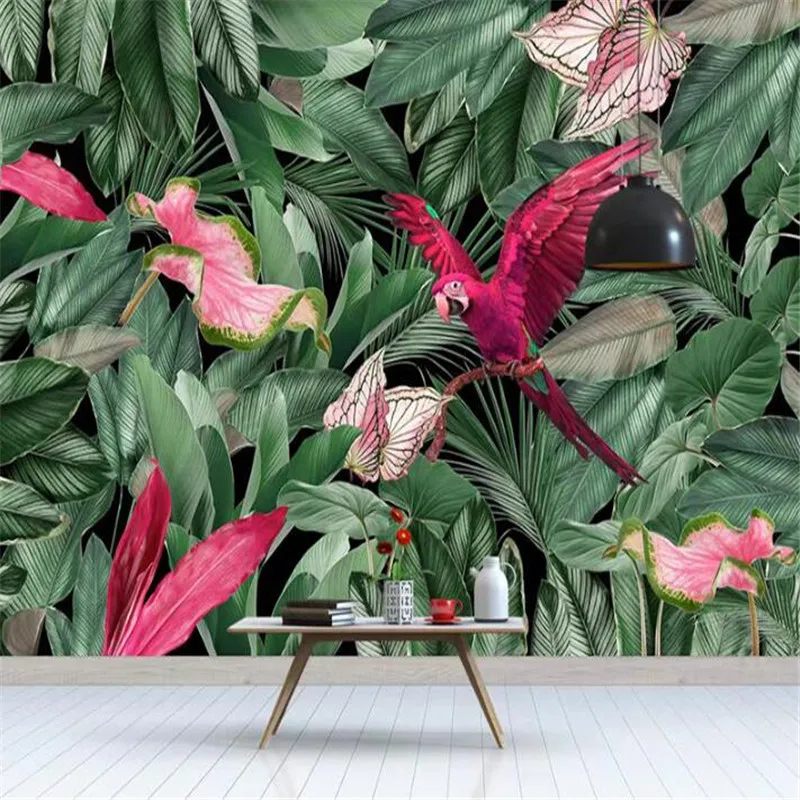 HD Seamless Print Wall Mural Tropical Leaves&Flowers Parrot Wallpaper for Botanical Background 3d Plant Sticker Decor