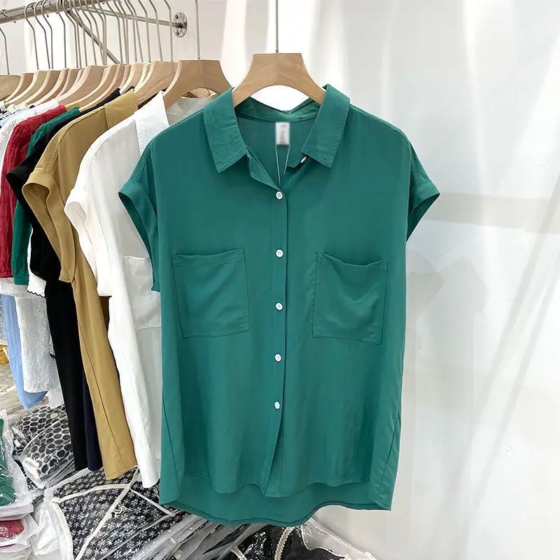 Pocket Comfortable Women Lapel Collar Summer Short Sleeved Shirt Thin Style French Casual Loose Falling Shoulder Sleeves Tops