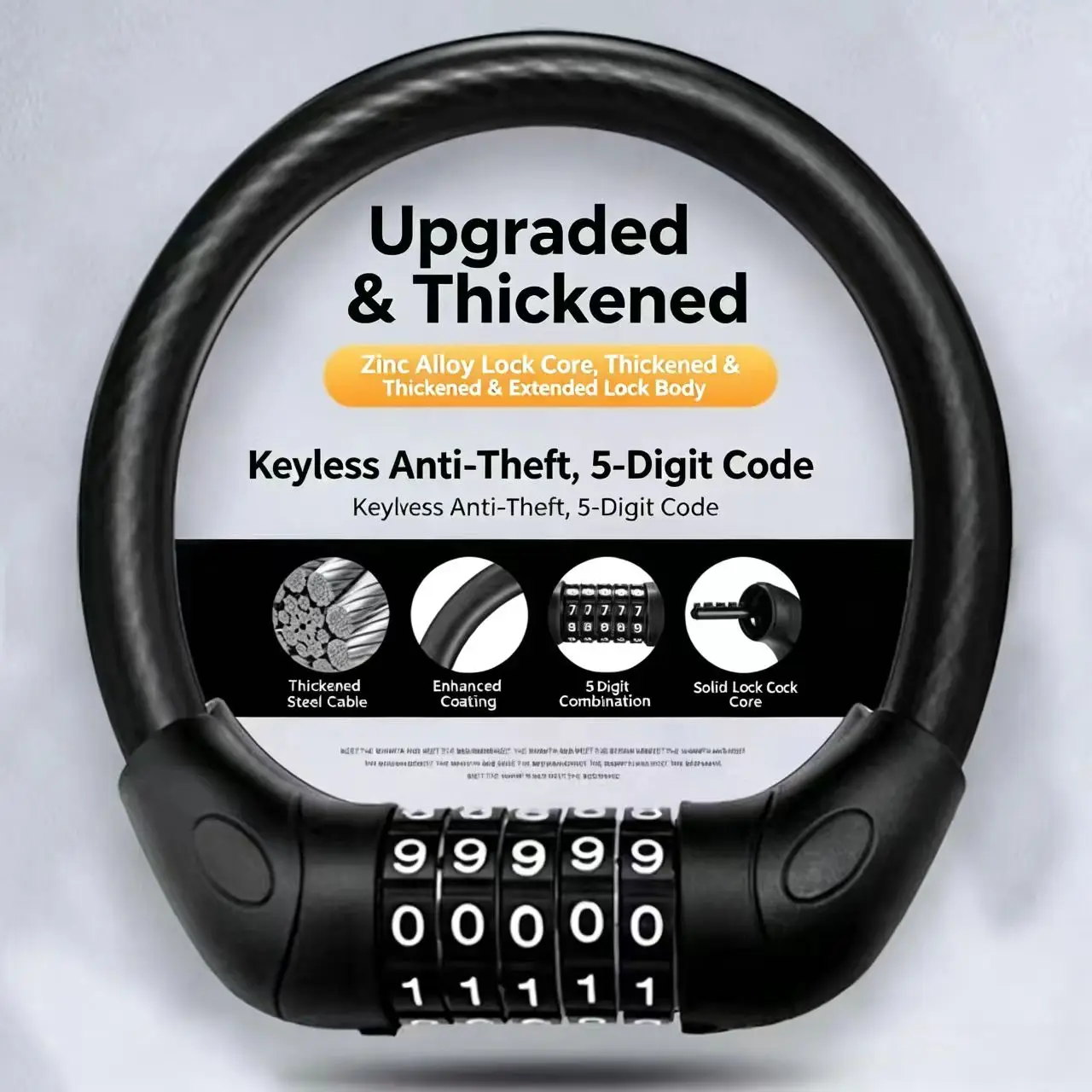 5 Digit Combination Bike Lock, Anti-Theft Steel Cable Password Lock for Bicycle Motorcycle Scooter