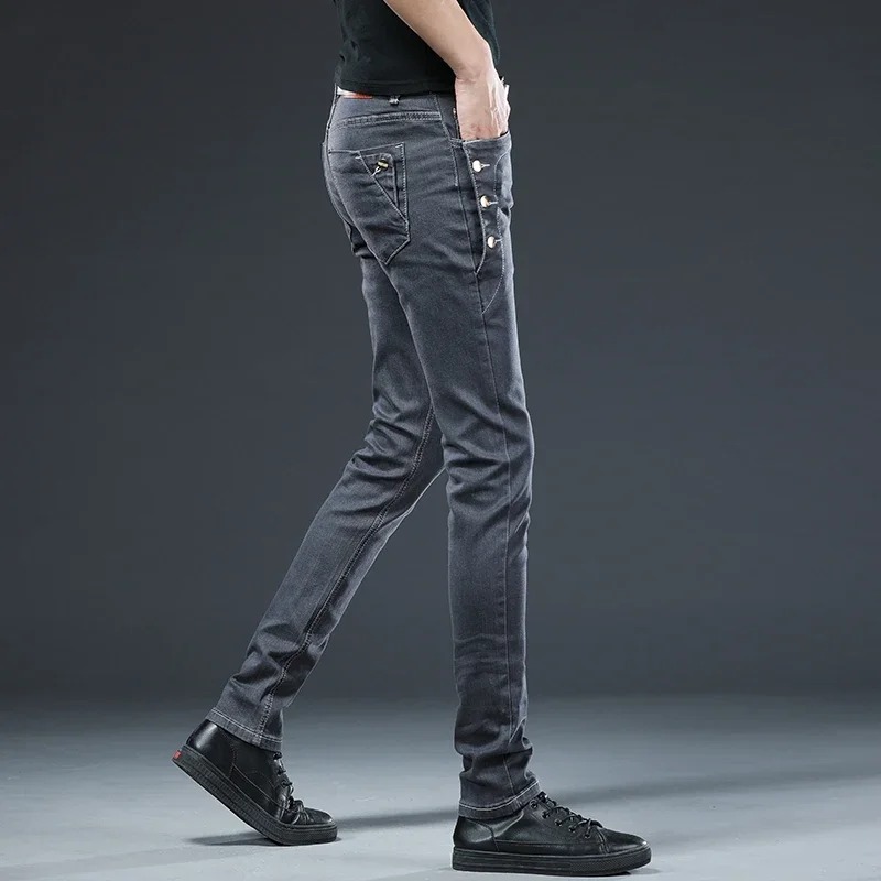 Autumn Men\'s New Button Skinny Jeans Black Gray Multi-button Youth Skateboard Stretch Denim Trousers Slim Straight Male Pants
