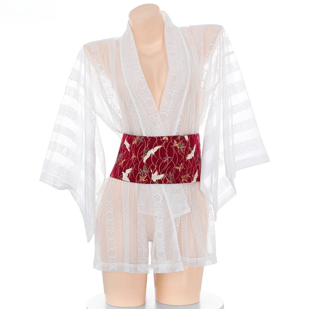 

Japanese Anime Girl Kimono Yukata Bathrobe Outfits Cosplay Costume Tulle Lace White See Through Nightwear Role Play Underwear