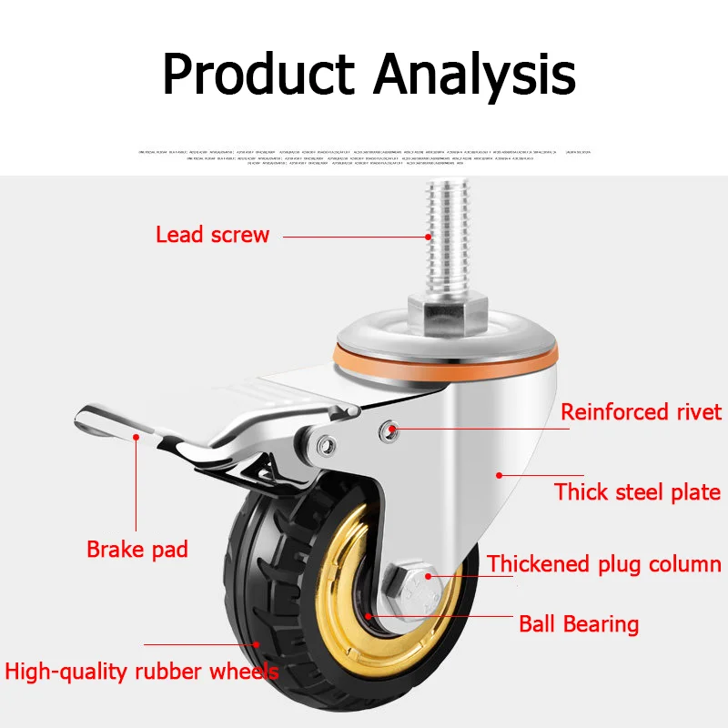 Screw Rubber Swivel Casters 3/4/5 Inches, Brake Casters, Silent Rubber Wheels, M10 M12 M16 Screw, Furniture Trolleys