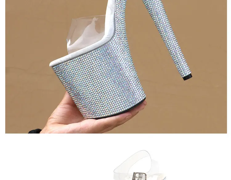 Stripper Shoes Clear 20cm Rhinestone Platform Hate Sky High Sandals Nightclub Model Shining 8inches High Heels New Bride Exotic