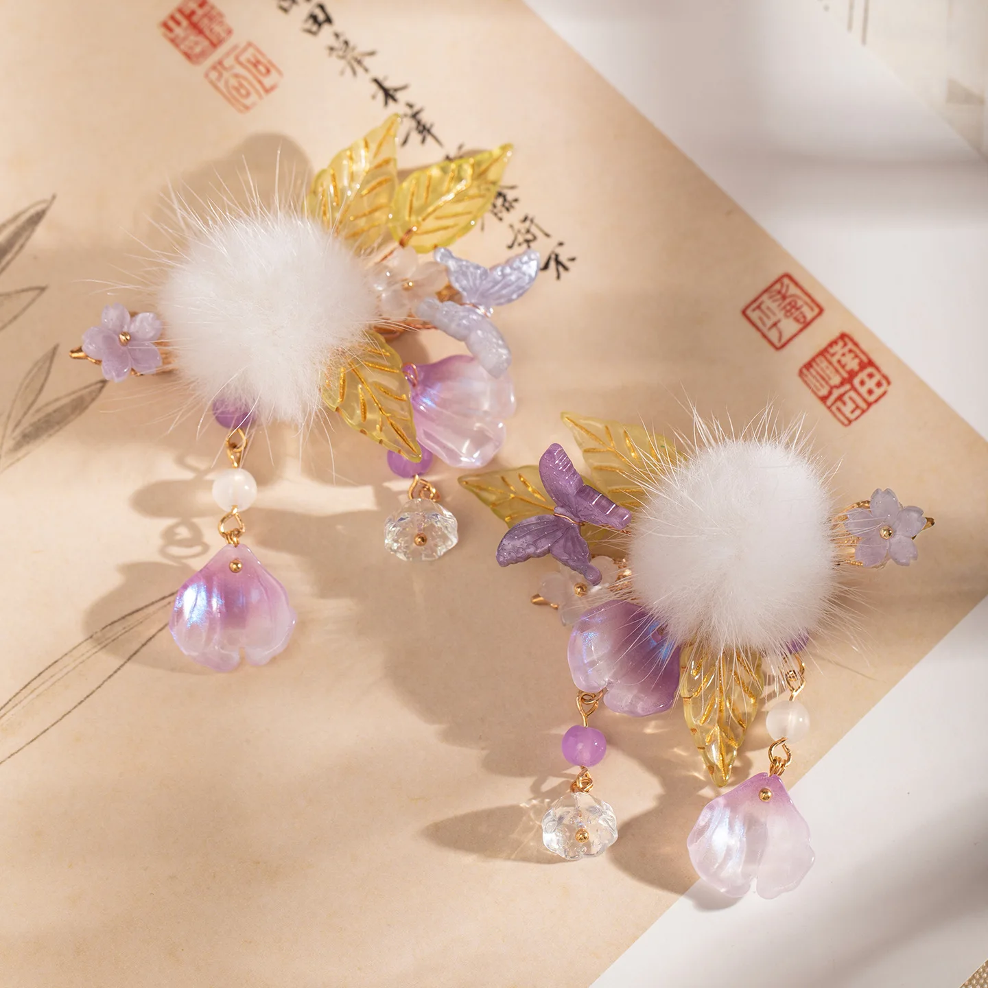 

2PCS Ancient Style Hair Clip Chinese Hanfu Plush Ball Hairpins Cheongsam Hairpin Women Plush Headwear Girl Cosplay Gift