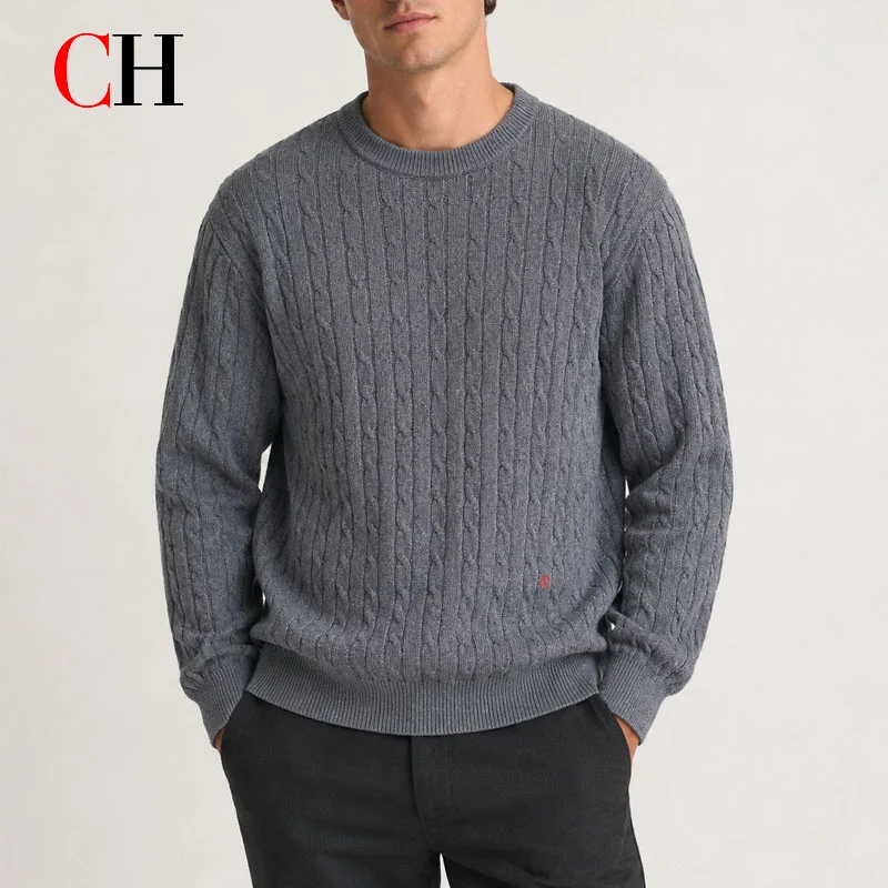 Pull en maille torsadée pour homme, col rond, manches longues, gris uni, coupe ample décontractée, pull d'automne et d'hiver, tricot tendance