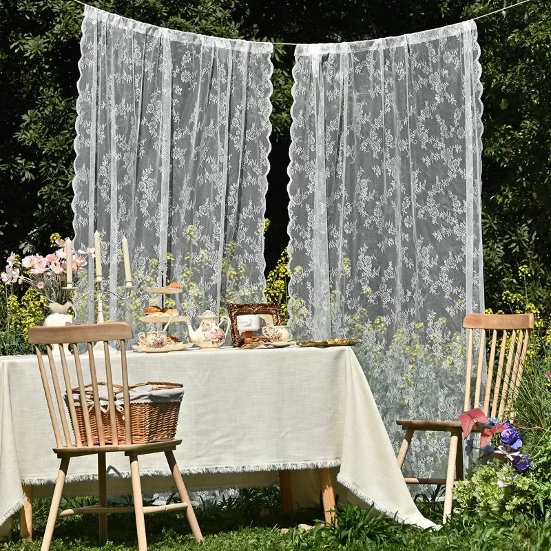 2PCS Vintage French Lace Voile Curtain Semi Blackout Window Screen Light Filtering Privacy Sheer Drape for Bedroom Window Decor