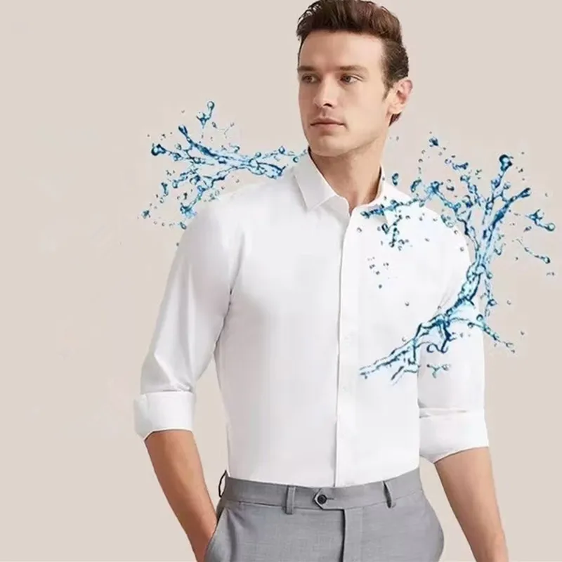 Classic Luxury Men's Dress Shirt Long Sleeve Solid Color Waterproof And Stain-resistant doesn't wrinkle Buseiness Social Black