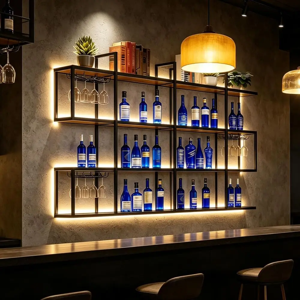 

Wall-Mounted Metal and Wood Bar Shelves with Wine Rack, Glass Holder, and LED Lights (Large, Black, 59.05)