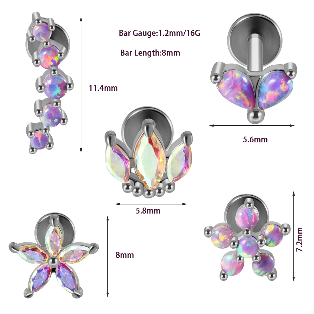 1PC Stainless Steel Opal Flower Ear Tragus Cartilage Piercing Five Prong Opal Cz Crown Labret Ring Lobe Earrings Helix Piercing