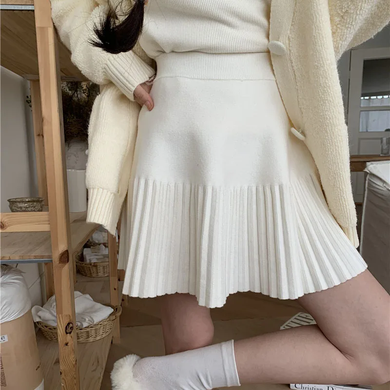 Mini Skirts Korean Chic Slimming A-Line Skirts High Waist Knitted Pleated Skirt Women Autumn Winter Sweet Preppy