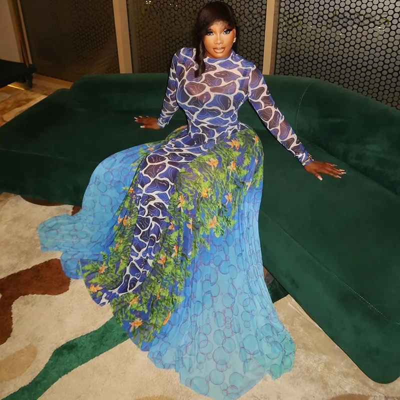 

Сексуальное летнее платье-футляр с принтом, европейский стиль, с длинным рукавом, высоким воротником, из полиэстера, с завышенной талией