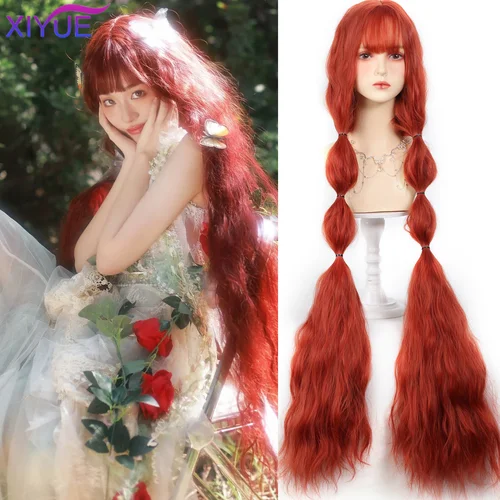 Pelucas sintéticas de pelo largo ondulado de 110cm para mujer, peluca Coaplay Lolita roja y marrón con flequillo, pelucas de pelo Natural para mujer, fibra resistente al calor