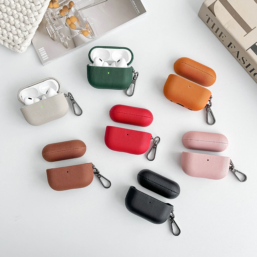 Minimalist Classic Vertical Stripe Pu Leather With Hook Protective Earphone Cover Case for AirPods 1 or 2 3 4 5 Pro 2 Pro 3