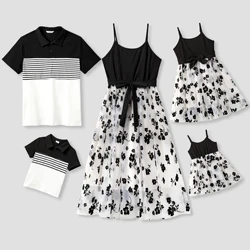 PatPat Family Matching Color Block Stripe Polo Shirt and Cami Spliced Tulle Dress with flocking Flower Pattern Sets