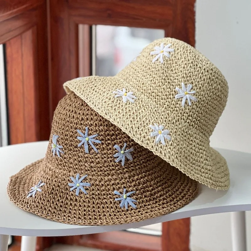 Summer Large Brim Handmade Straw Woven Sun Hat Sweet Daisy Sun Protection Beach Vacation Straw Hat Women'S Casual Fisherman Hat