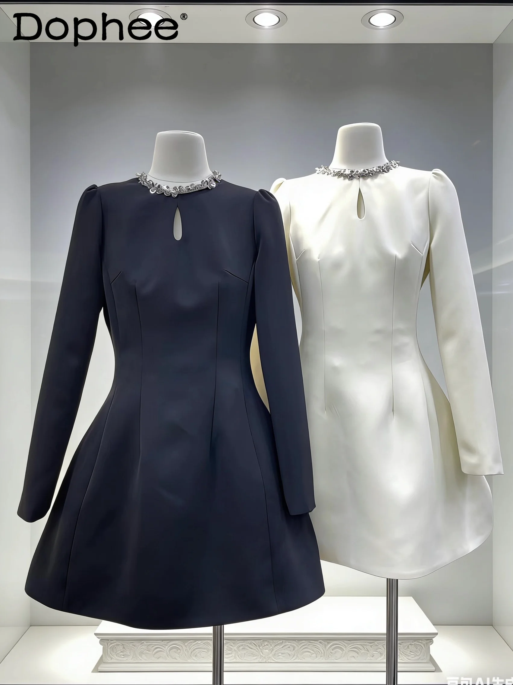 

French Gentle Wind Premium Sequin Long Sleeve Dress Women's 2026 Spring Slim Waist Black and White Short Dress