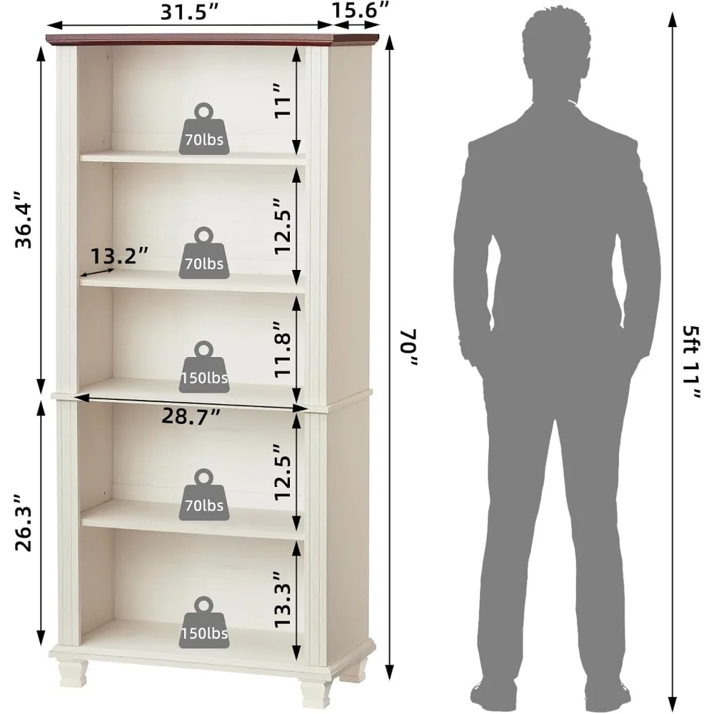 70 رف كتب أبيض طويل القامة، رف كتب خشبي من 5 طبقات مع أرفف قابلة للتعديل وأرجل خشبية، خزانة كتب للمزرعة قائمة بذاتها مع فتحة Di