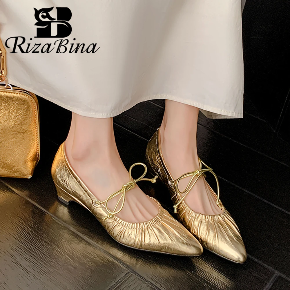 

RIZABINA Women Pumps Sexy Pointed Toe Pleated Leather Lace Up Flats Shoes Ladies Solid Color Low Heels Casual Office Shoes New