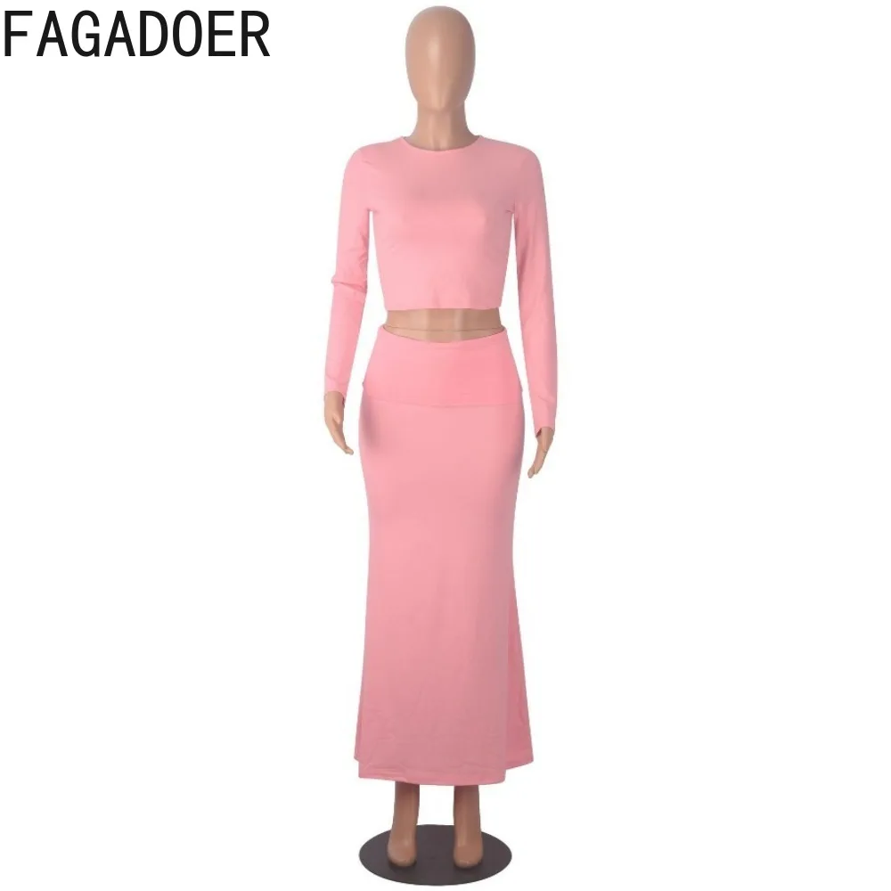 FAGADOER Casual Solid Color Simple Comfortable Two Piece Sets Women Round Neck Long Sleeve Crop Top + Skinny Skirts Outfits 2024