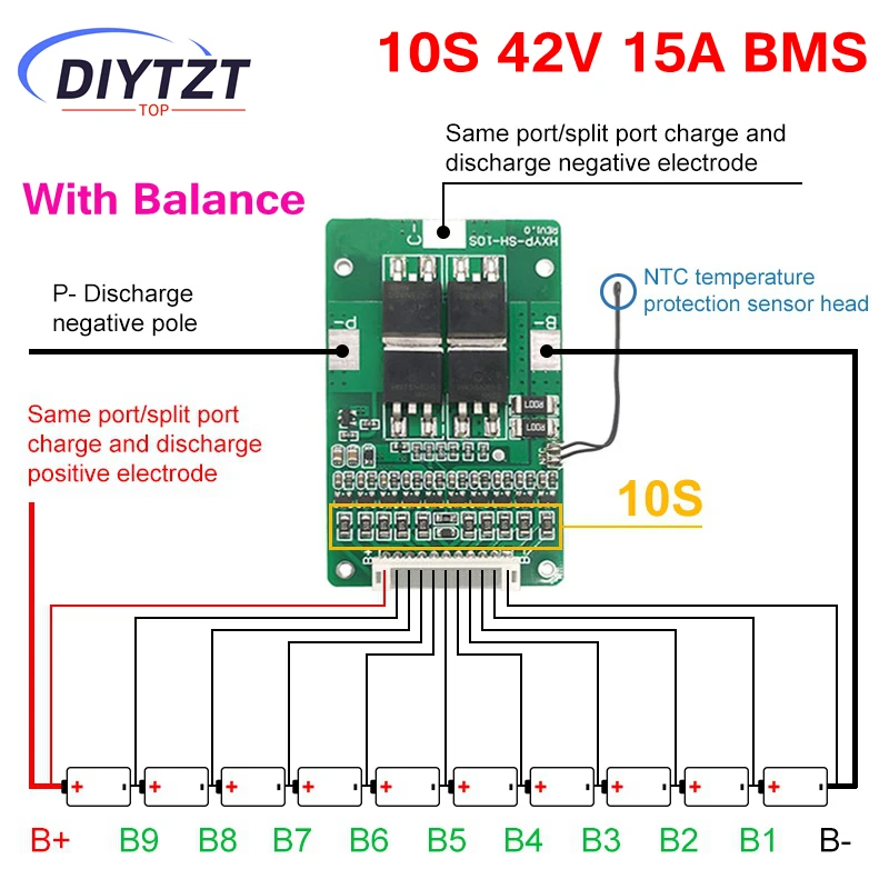 Panneau de Protection de batterie au Lithium 10S 42V 20a BMS, cellule polymère 18650 avec Balance, contrôle de température NTC intégré