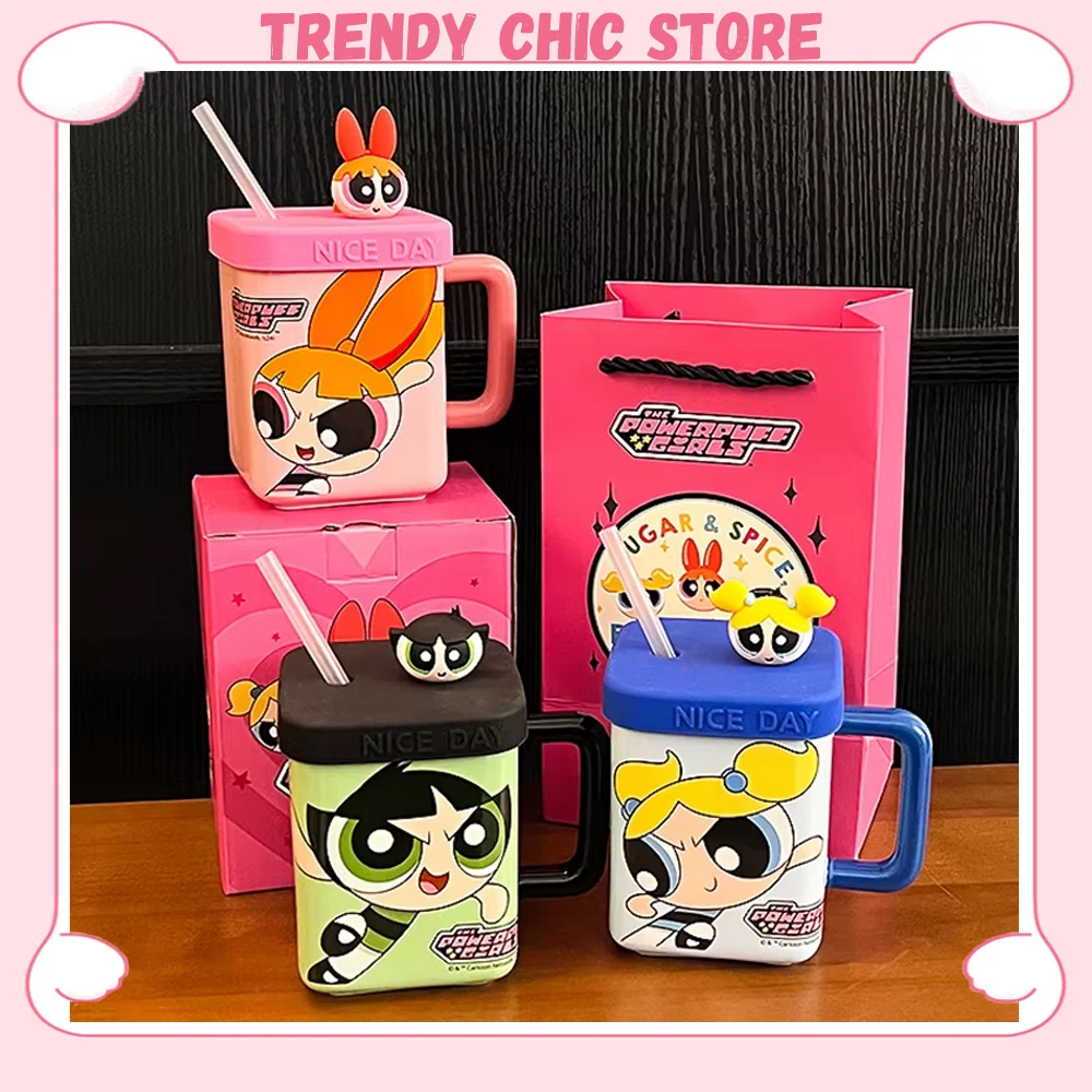 Anime The Powerpuff Girls Cup Cartoon Mug Kawaii 450ml Household Ceramic Coffee Water Cup Office Straw Cups Birthday Gift Girl