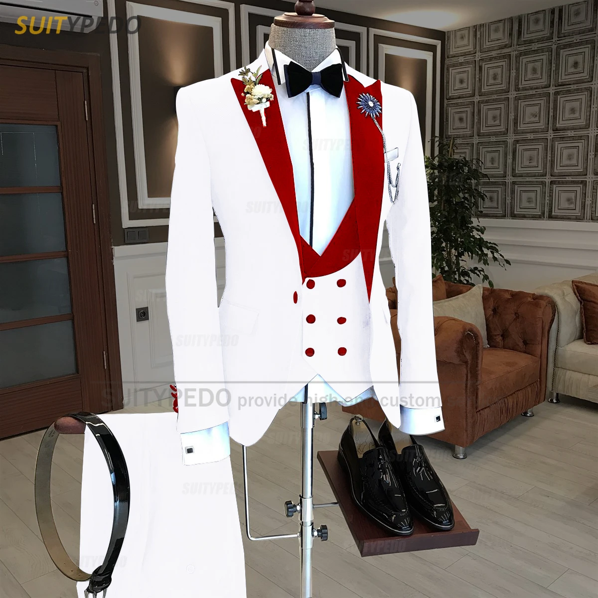 Black Men Suit Slim Fit Fashion Red Velvet Lapel Blazer Vest Pants 3 Piece Tailor-made Homecoming Business Wedding Mens Tuxedos