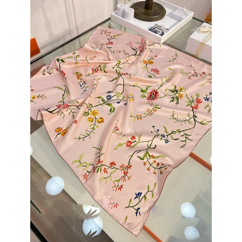 

Silk scarves woman pink tones floral scarf designer luxury brand women's scarf bandana handkerchief head woman headbands hijab