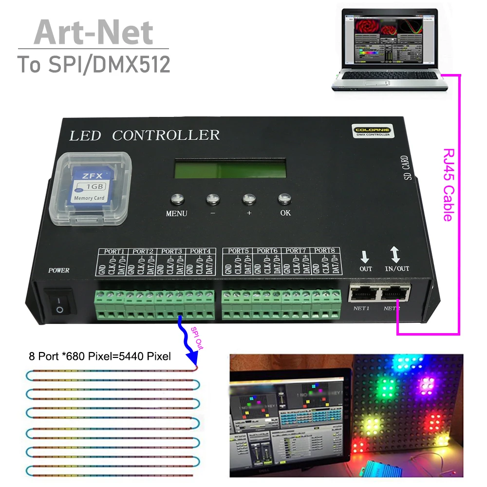 

Новый контроллер Artnet на SPI 8160 пикселей с 8 портами H807sa для светодиодной ленты WS2811 WS2812 WS2812b WS2815