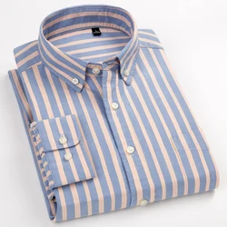 Men's Stylish Striped 100% Cotton Oxford Long Sleeve Shirt with Chest Pocket Standard-fit Smart Casual Button Down Thick  Shirts