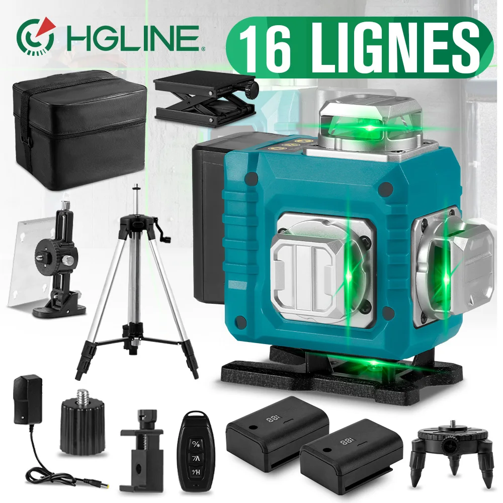 Niveau laser HGLINE 16 lignes avec télécommande via application, instrument de mesure laser 4D horizontal et vertical, outil de nivellement inclinable avec trépied