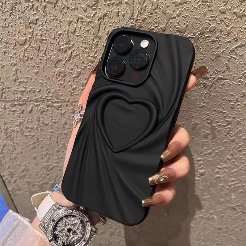 Fashion Fold Wrinkle 3D Love Heart Silicone Phone Case For iPhone 14 15 16 Pro Max Plus 11 12 13 ProMax Soft Matte Full Cover