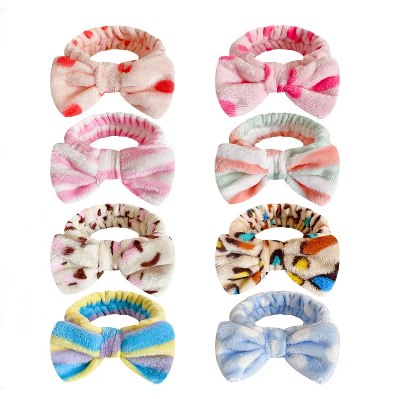 

Polka Dot & Stripe Bow-Ended Headband for Women Face-Wash Sports Headband Coral Fleece Hair Accessory