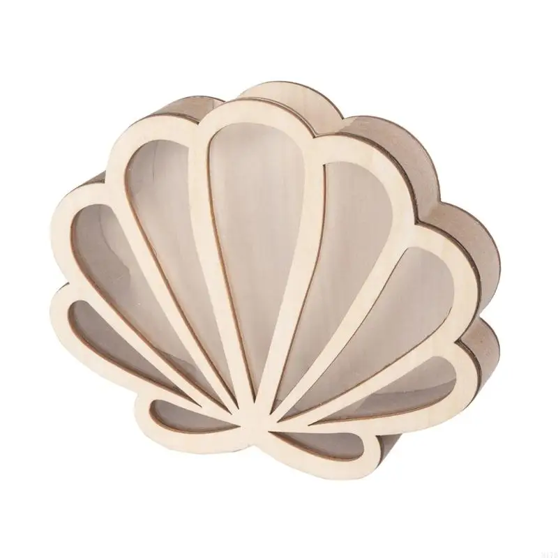 

M17D Natural Wooden Seashells Display Container Stable Base Coastal Theme Home Accent Decorative Organizers Gift